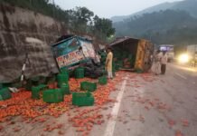 मंडी : किरतपुर-मनाली फोरलेन पर टमाटर से लदा ट्रक हुआ बेकाबू