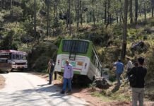 रिवालसर के पास निजी बस हादसे का शिकार, चालक की सूझबूझ से टला बड़ा हादसा, 10-12 यात्री घायल